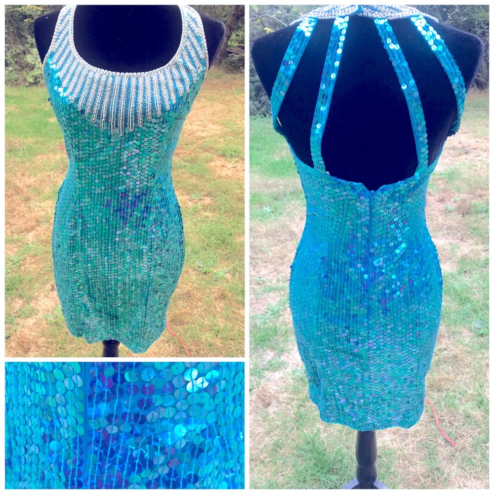 Vintage Blue Sequined Party Dress // Holiday New Years